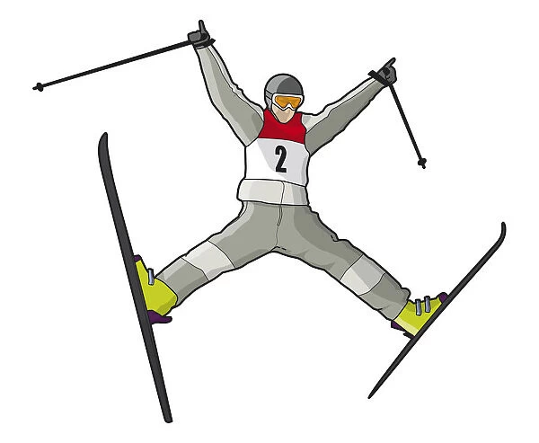 Ski jumper in mid-air, arms and legs spread wide