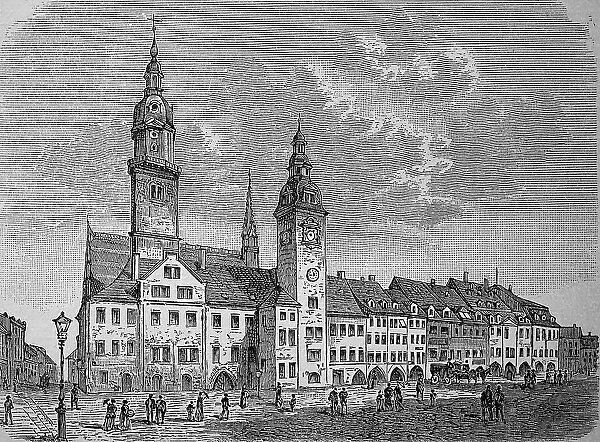 The Town Hall of Chemnitz in Saxony, Germany, in 1876, Historic, digital reproduction of an original 19th-century image