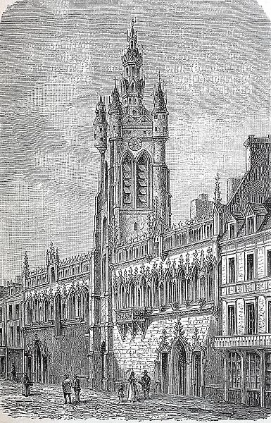 The Town Hall of Douai in 1882, Hauts-de-France, France, Historic, digitally restored reproduction of an original 19th century painting, exact original date not known