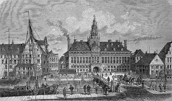 The town hall in Emden, Lower Saxony, East Frisia, Germany, in 1880, Historic, digital reproduction of an original 19th-century image