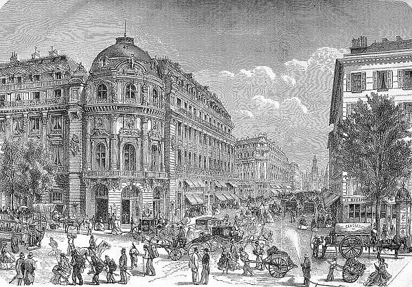 Traffic and people in the street Boulevard des Capucines, Chaussee d Antin and the new theatre in Paris, France, Theatre du Vaudeville 1869, later Paramount Opera films and Gaumont Opera, Historic, digitally restored reproduction of an original 19th