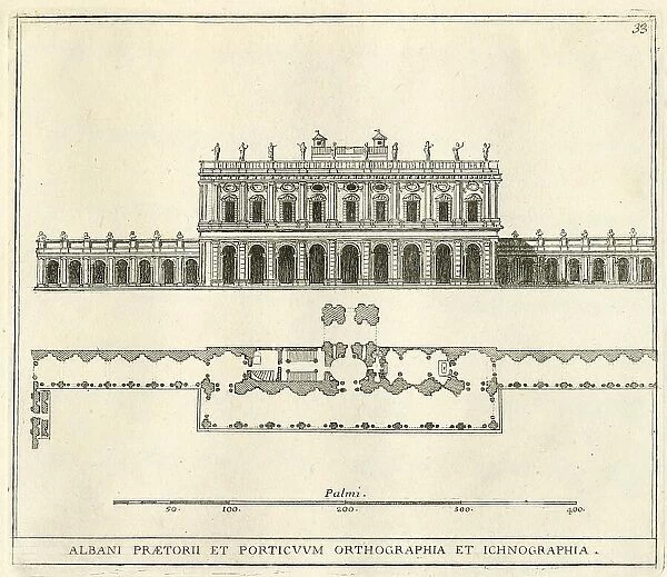 View of the palace and porticoes of Villa Albani, outside Porta Salara, historic Rome, Italy, digital reproduction of an original 17th century original, original date unknown
