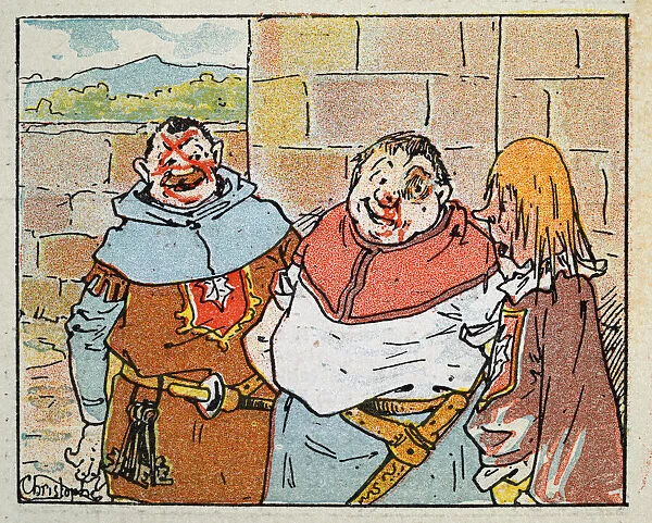 Vintage illustration, Cartoon of medieval castle servants, gatekeeper, soldier