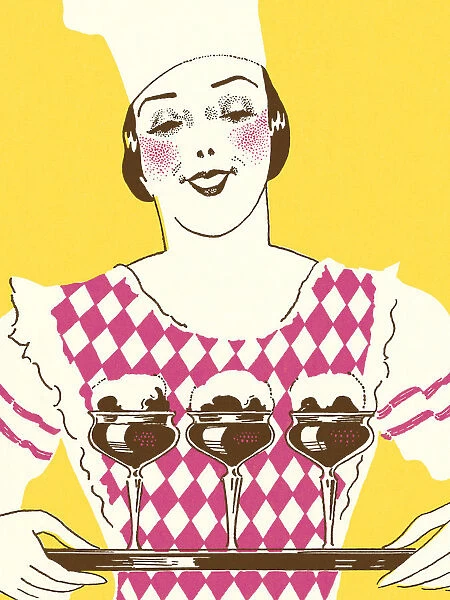 Woman Holding Three Desserts on a Tray