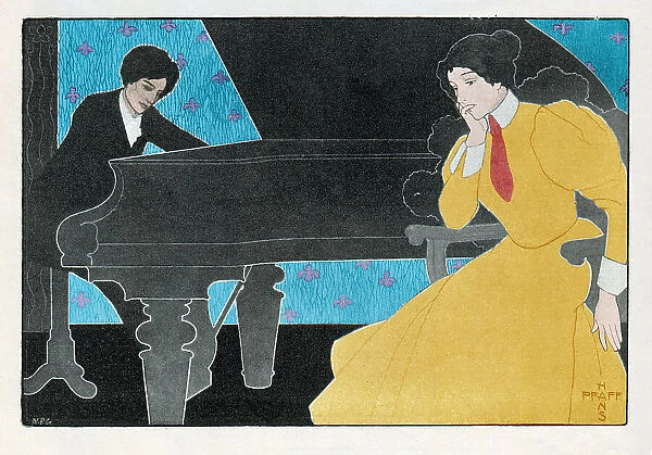 Woman playing a piano concert Art nouveau illustration 1898