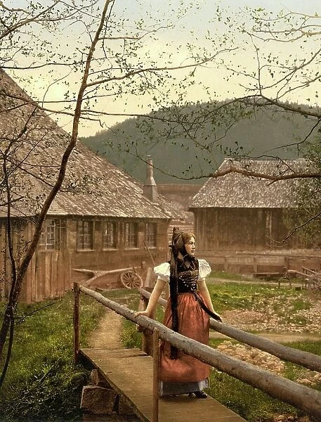 Woman in traditional traditional costume from the Black Forest, Germany, historical, photochrome print from the 1890s