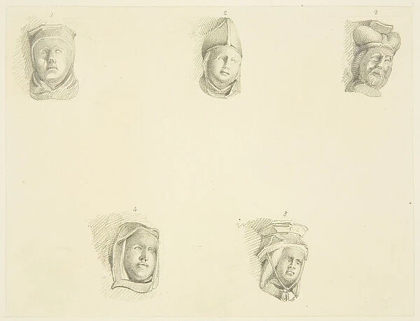 11 corbel heads about the cloisters of Bristol Cathedral (pencil on paper)