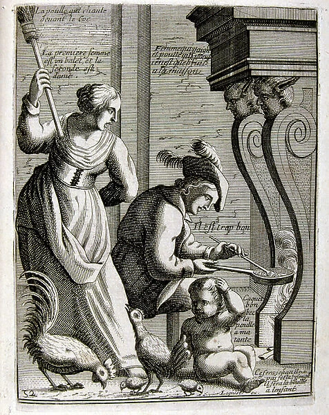 17th century engraved illustration from a collection of proverbs. Paris 1657-1663. By Jacques Lagniet (1620-1675). French engraver. From him many socially critical engravings and mockery pictures such as his sometimes grotesque