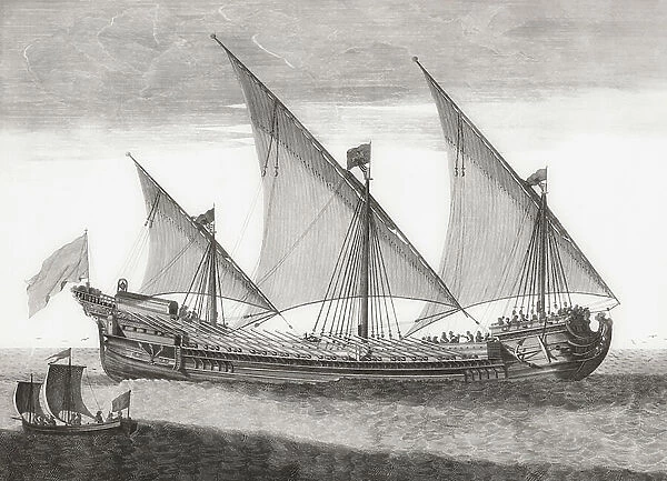 A 17th century French galley under sail. (print)