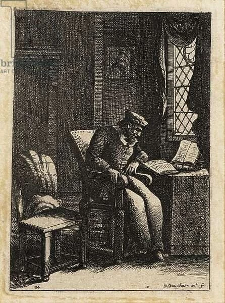 17th century man reading seated in a chair, 1803 (engraving)