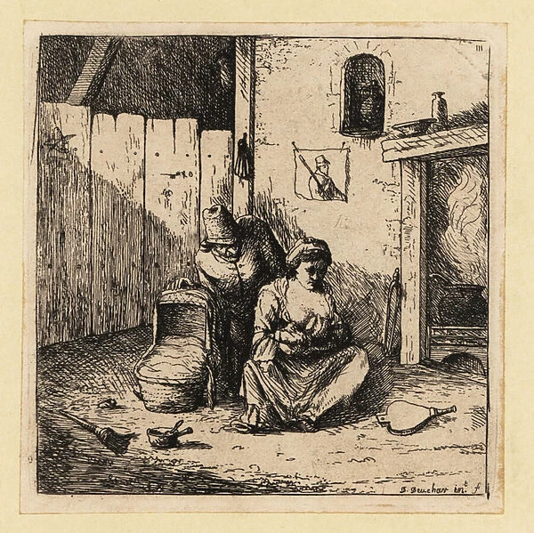 17th century man watching a mother breastfeeding a child in fron, 1803 (engraving)