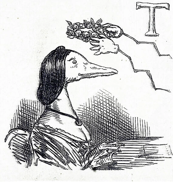 1870 cartoon showing a zoomorphic duck receiving a laurel garland as a fashion accessory