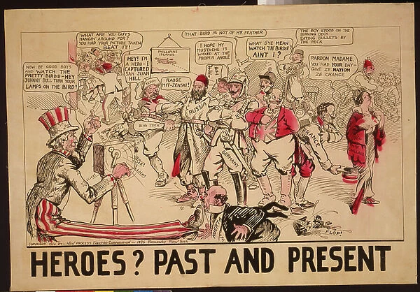 1914 - Heroes? Past and Present - lithograph - Poster showing Uncle Sam cranking a newsreel camera, filming world leaders and events; an injured Dove of Peace looks on (lithograph)