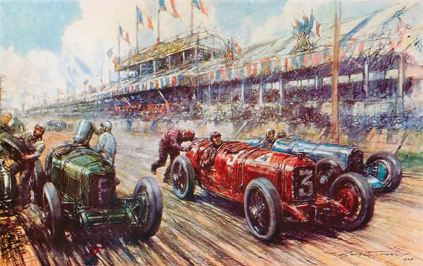 In the 1924 Grand Prix Ascaris Alfa Romeo led the race almost to the finish, only to lose because the engine would not restart after a pit stop (colour litho)