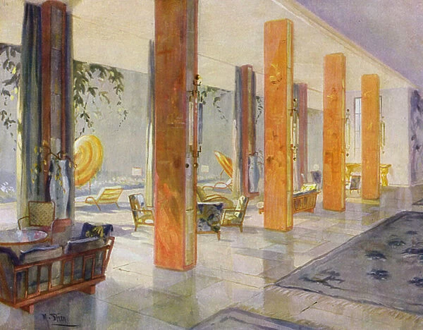 1930s interiors: Garden Hall of a hotel (colour litho)