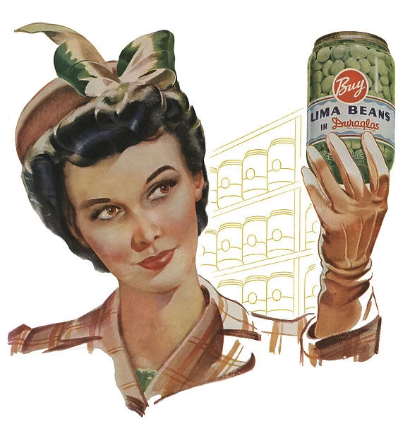 1940s Housewife Holding a Jar of Canned Lima Beans, 1942 (screen print)