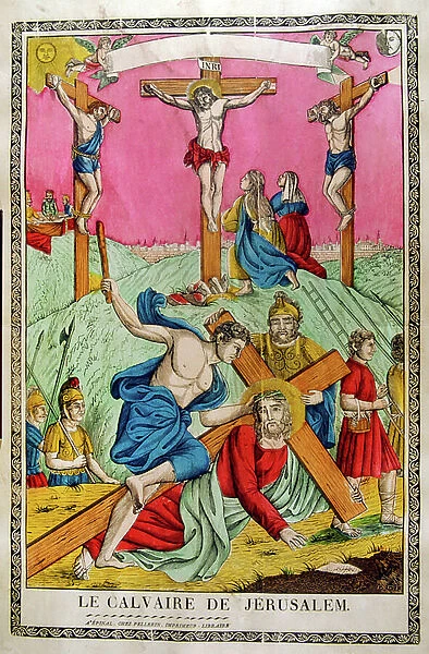 19th century French popular print of the Crucifixion and flagellation of Christ approx. 1860