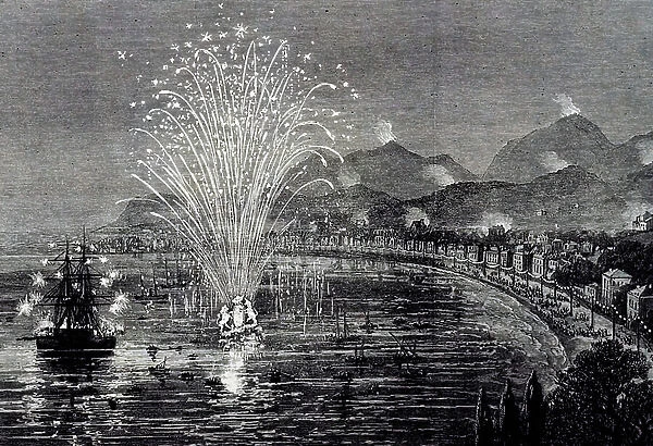 19th-century illustration showing fireworks in honour of Queen Victoria's visit to Mentone, France 1882
