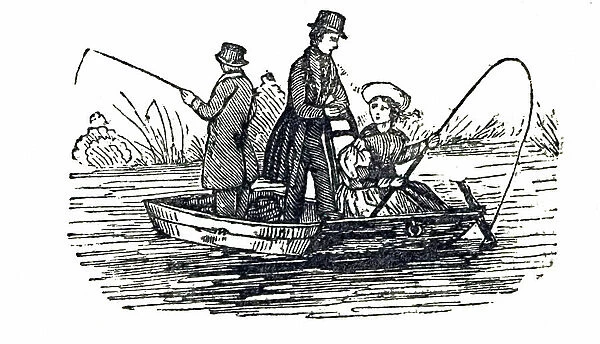 19th century illustration showing fishing from a punt boat in a river. 1844