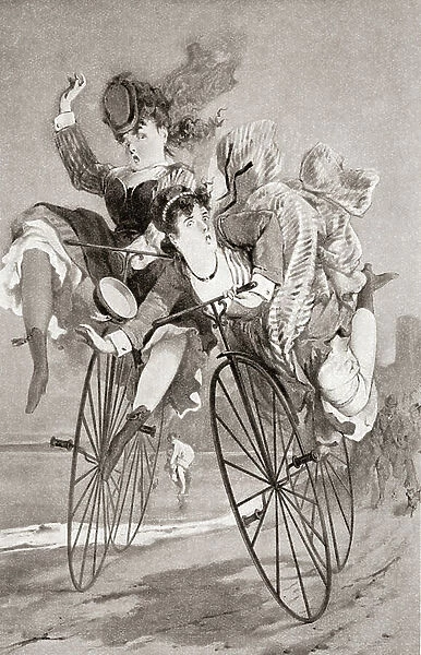 Two 19th century ladies have an accident on their bicycles. From Illustrierte Sittengeschichte vom Mittelalter bis zur Gegenwart by Eduard Fuchs, published 1909