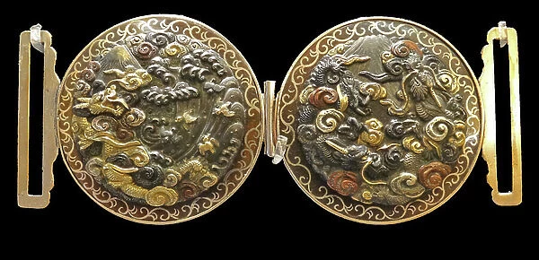 19th Century silver, bronze, gold and enamel clasp from Japan
