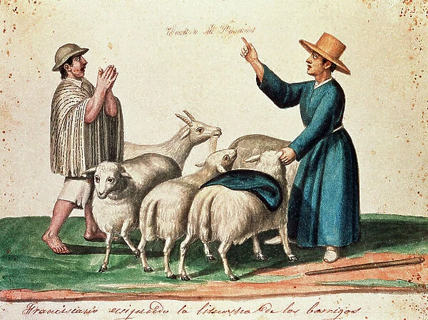 'A Franciscan monk asking a shepherd for one of his sheep', from the book 'Trujillo del Peru' by Baltasar Martinez Companon y Bajanda, Bishop of Trujillo (1782-1785), 18th century (watercolour)