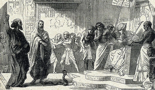 Aaron's Staff Becomes a Snake. 19th century (engraving from Holy History by Lahure)