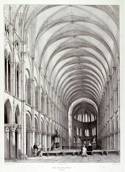 The Abbey of Saint-Remi is an abbey in Reims, France, founded in the sixth century. 1857. Illustrated in Voyages pittoresques et romantiques (Picturesque and romantic journeys in ancient France), by Isidore Taylor, (baron Taylor) 1857