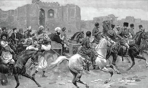 Abdor Rahman Khan (1844-1901) grandson of Dost Mohammad Khan the founder of Barakzai dynasty. Ruler of Afghanistan 1880-1901. 'Abdor Rahman returning to the Erg Palace after a shooting expedition in the Bala Hirsa marsh. Wood engraving 1893
