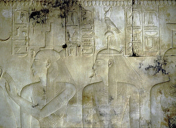 ABYDOS: Temple of Seti (Sethi) I, the goddesses accompanying the Pharaoh