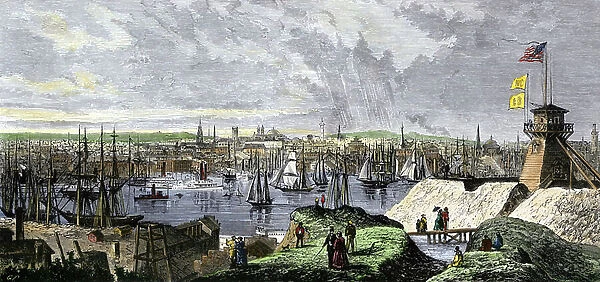 Activities at Baltimore Harbour, Maryland, seen from Federal Hill in 1870. Lithograph from 19th century illustration