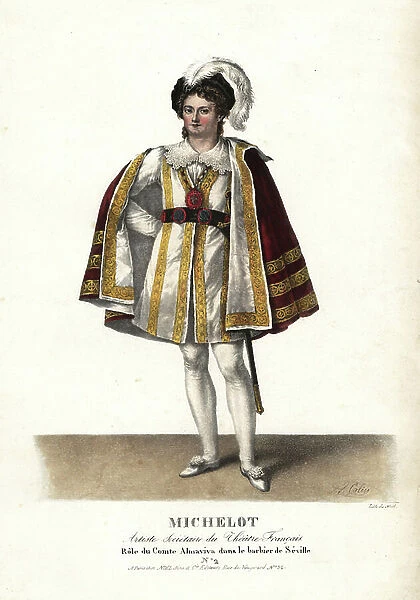 Actor Pierre Marie Nicolas Michelot as the Comte Almaviva in Le Barbier de Seville by Pierre Beaumarchais, Theatre Francais. Handcoloured lithograph by F