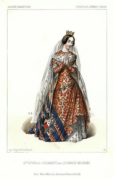 Actress Miss Emilie Honorine Guyon as Elisabeth in Le Miracle des Roses by Antony Beraud and Hippolyte Hostein, Ambigu Comique, 1844. Handcoloured lithograph after an illustration by Alexandre Lacauchie from Victor Dollet's Galerie Dramatique