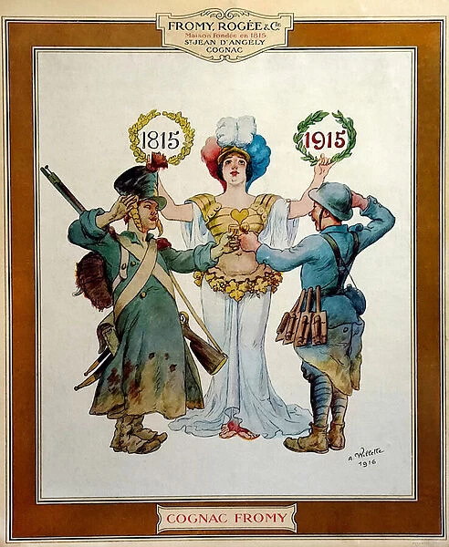 Advertising board for Fromy cognac: a French soldier from 1815 and a furry from 1915, 1916 (lithograph)