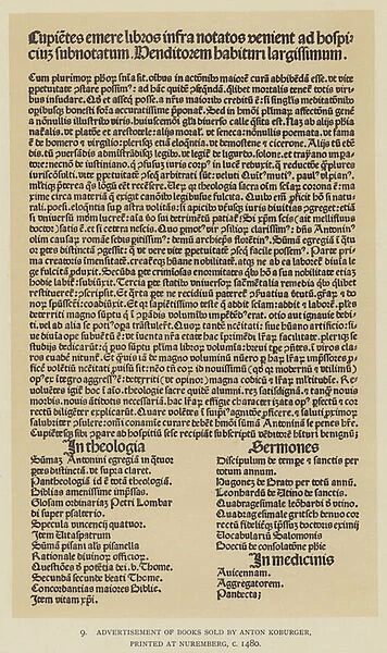Advertisement of Books sold by Anton Koburger, printed at Nuremberg, c 1480 (litho)