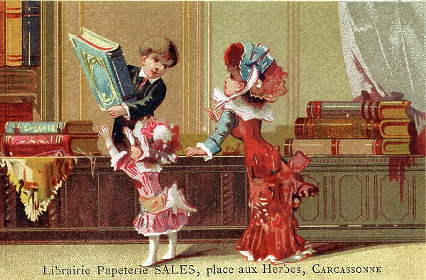 Advertising for Bookstore, stationery ' Sales' in Carcassonne: two customers buy books from the seller. Late chromolithography of the 19th century