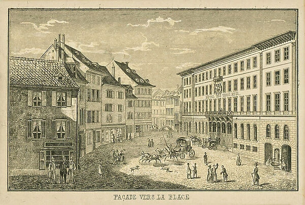 Advertising card for the Hotel Les Trois Rois, Basel (engraving)