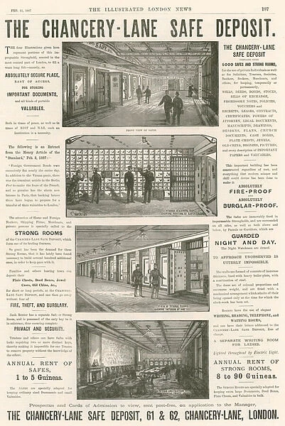 Advertising for the Chancery Lane Safe Deposit, 61-62 Chancery Lane, London; (engraving)
