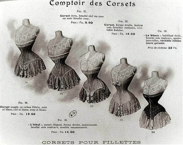 Advertisement for corsets and undergarments, from the Comptoir des Corsets c. 1900 (litho) (b / w photo)