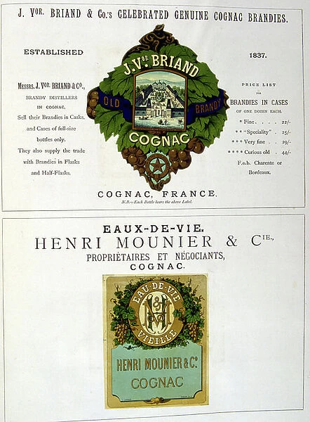 Advert for J V Briand and Henri Mounier brandy Cognac. 1877