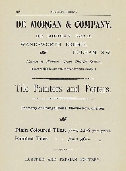 Advertisement for De Morgan & Company, Fulham (b / w photo)