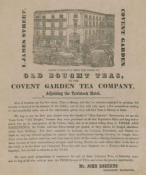 Advert for old bought teas from the Covent Garden Tea Company (engraving)