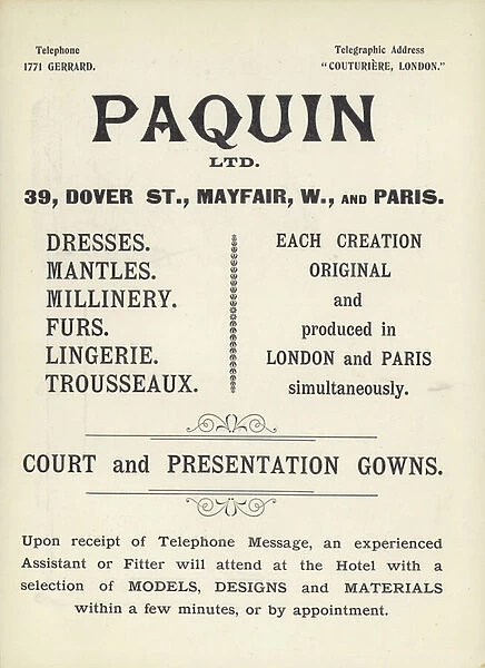 Advertisement for Paquin, dress-makers (litho)