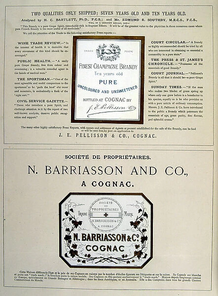 Advert for Pellisson and Barriasson. brandy Cognac. 1877