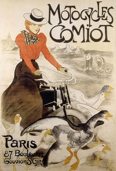 An advertising poster for Motorcycles Comiot, 1899 (colour lithograph)