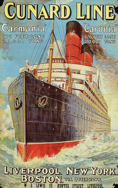 Advertising poster for the shipping company Cunard Line, 1905 (colour litho)