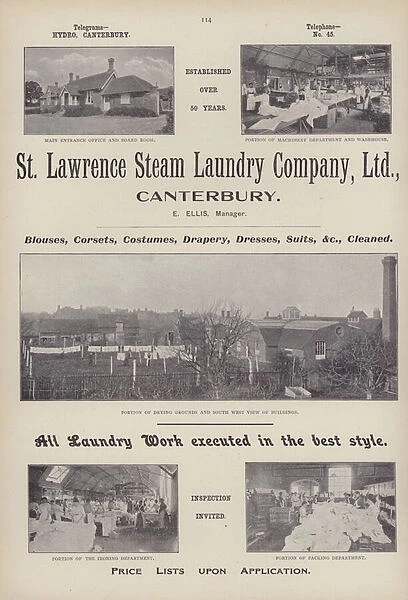 Advertisement for St Lawrence Steam Laundry Company, Ltd, Canterbury, Kent (b  /  w photo)