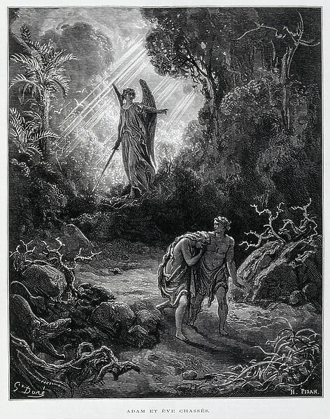 Adam and Eve banished from the Garden of Eden by an angel, Illustration from the Dore Bible, 1866