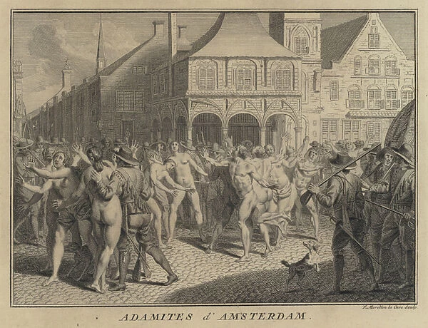 Adamites on the streets of Amsterdam, Netherlands (engraving)