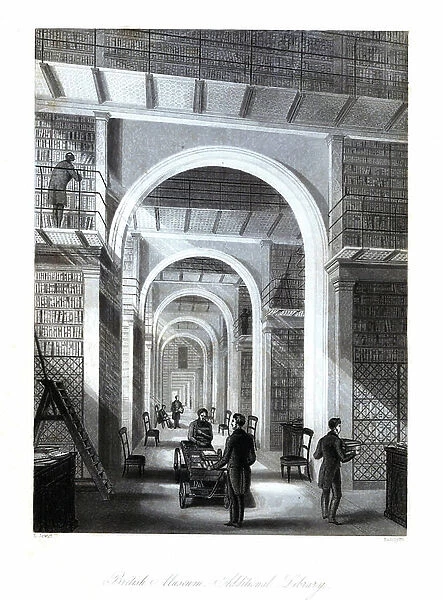 Additional Library at the British Museum. The British Museum had 13 miles of shelves and its catalog of books ran to 61 folio volumes. Steel engraving by Radclyffe after an illustration by Llewellyn Jewitt from London Interiors